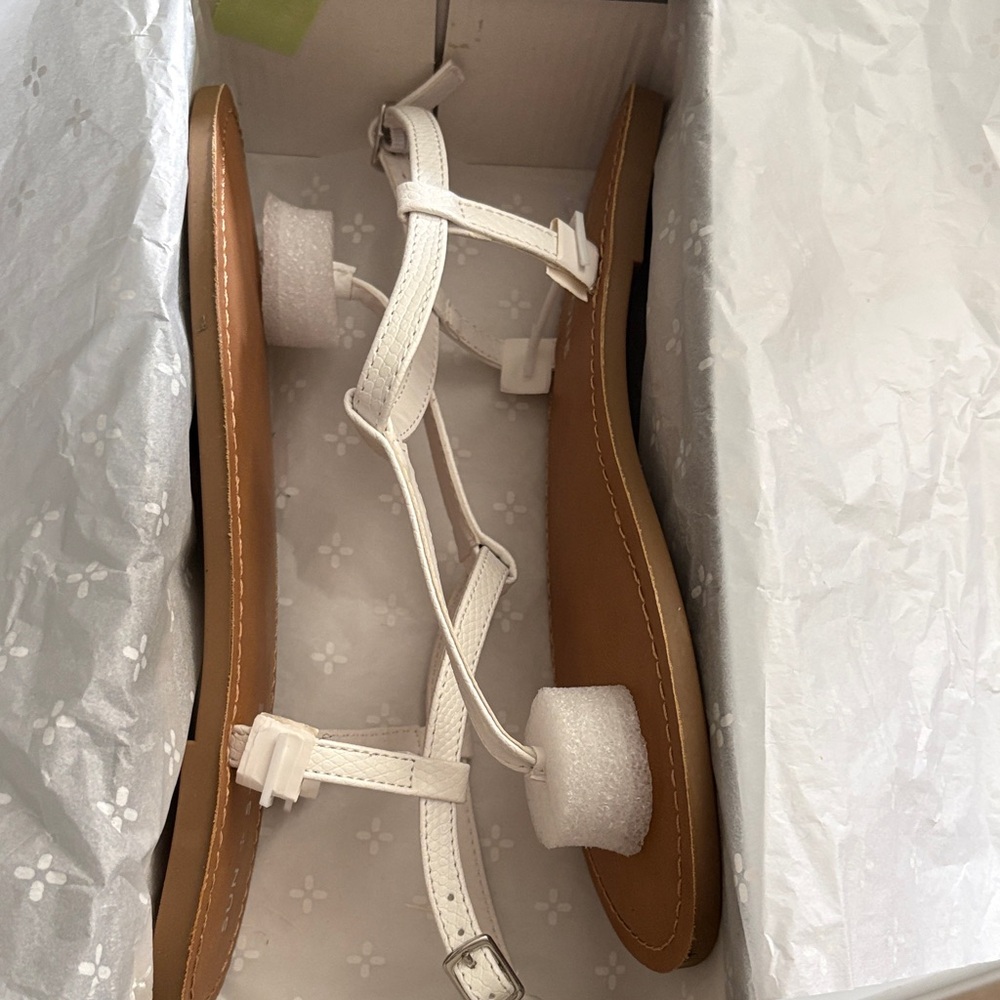 Sun + Stone White and Tan Strappy Sandals